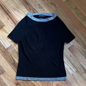 Kasper Black Top with White Striped Collar and Hem Size Large